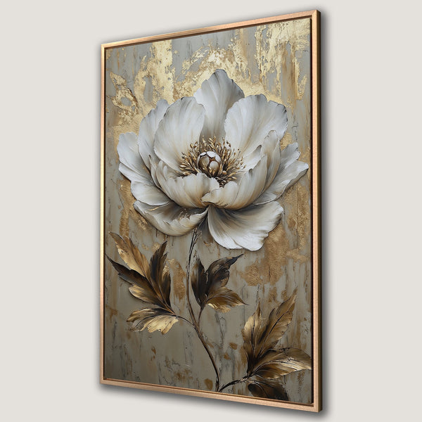 Framed Wall Art: Elegant white flower canvas print with gold accents. Modern botanical art in neutral, gold, and gray tones. Perfect for home decor.