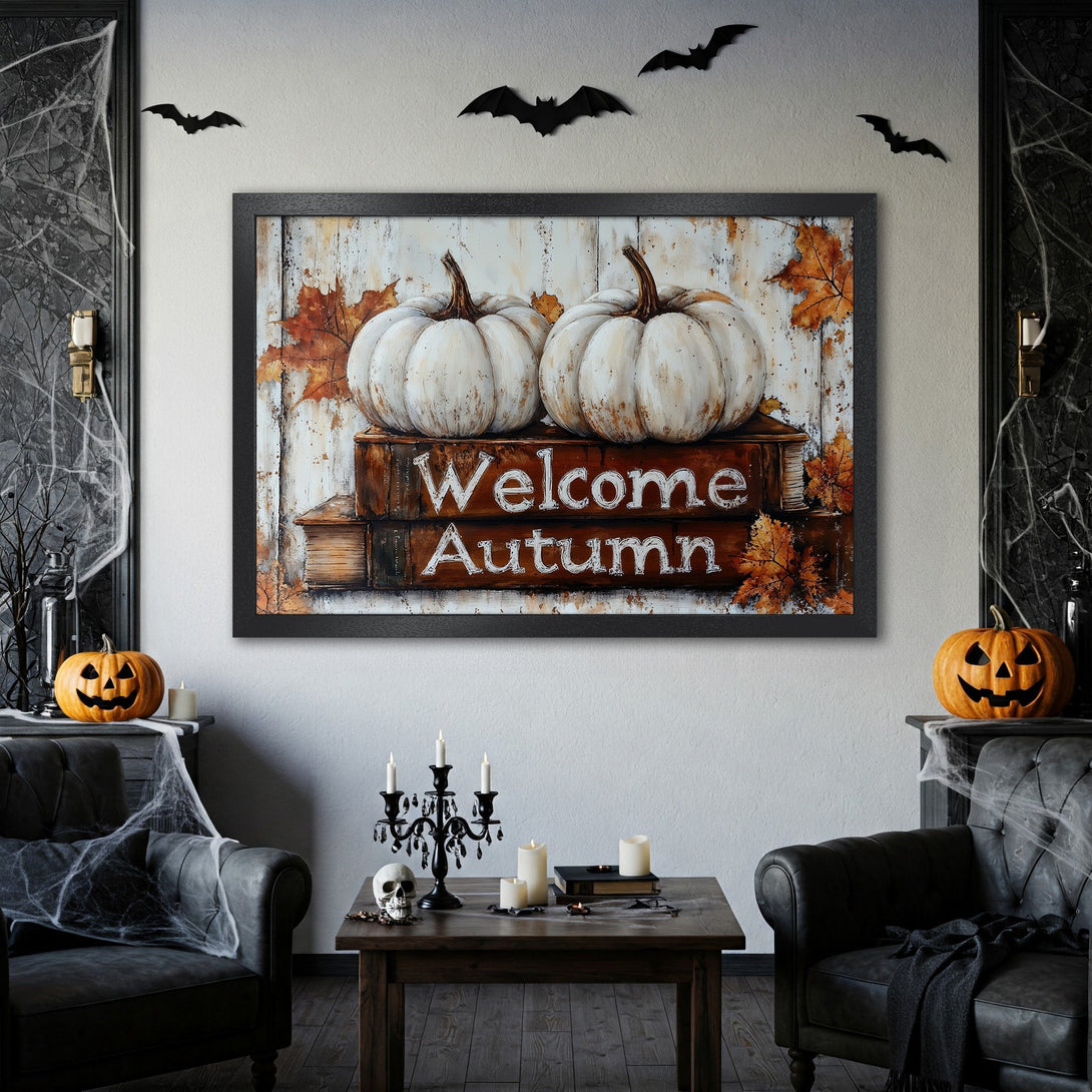 Framed Poster featuring pumpkins and "Welcome Autumn" in a rustic style with a warm, autumnal color palette. Perfect fall decor!