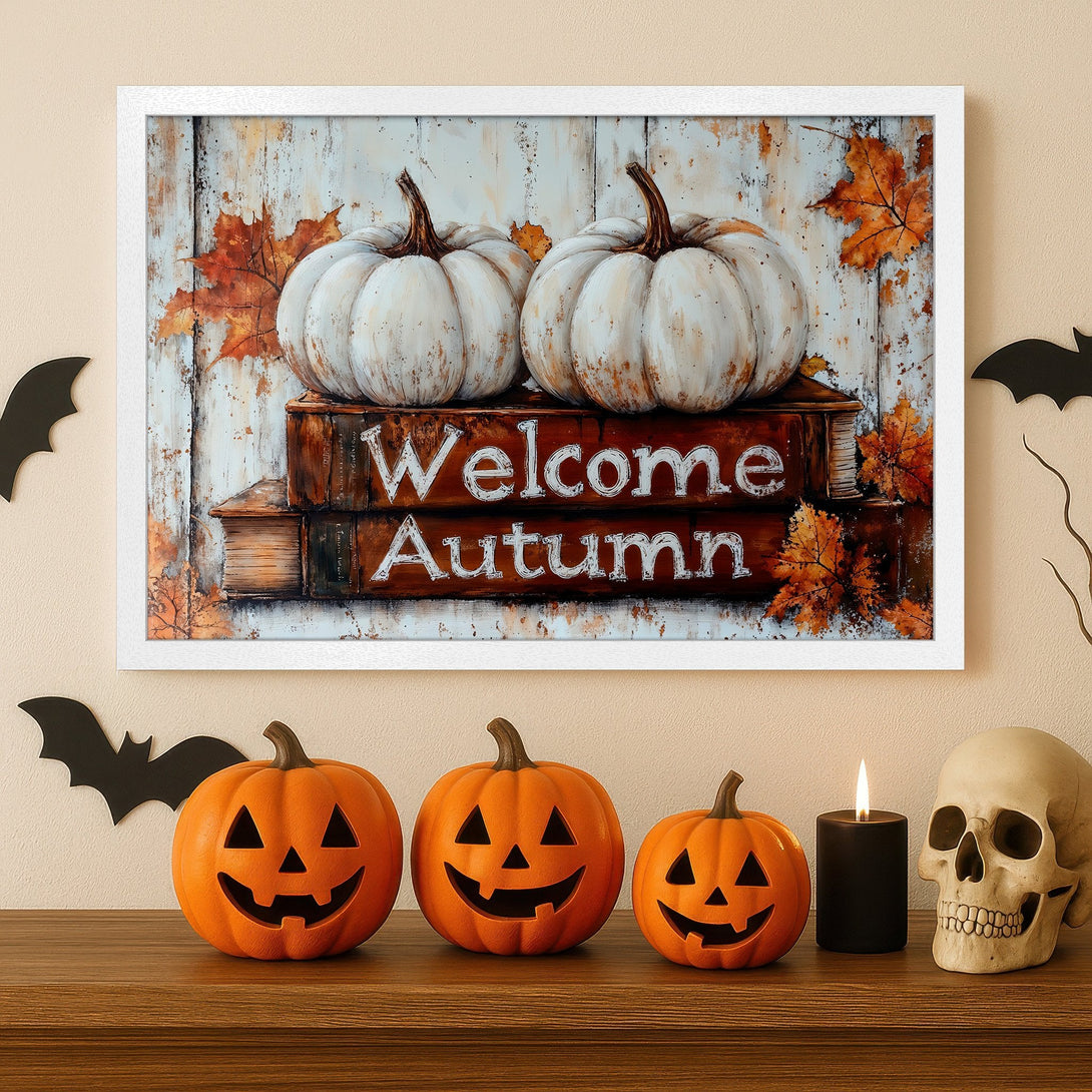 Framed Poster: Autumn pumpkins & leaves art print. Rustic style, warm orange & white palette. Perfect fall decor!