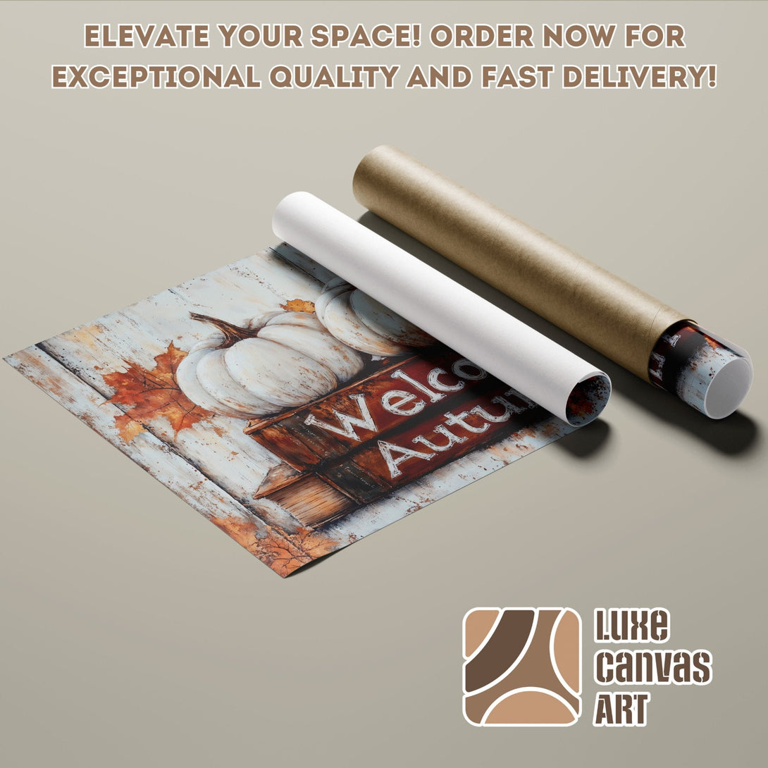 Autumn-themed Poster Roll with pumpkins and leaves. Rustic style, warm color palette. Order your art today!
