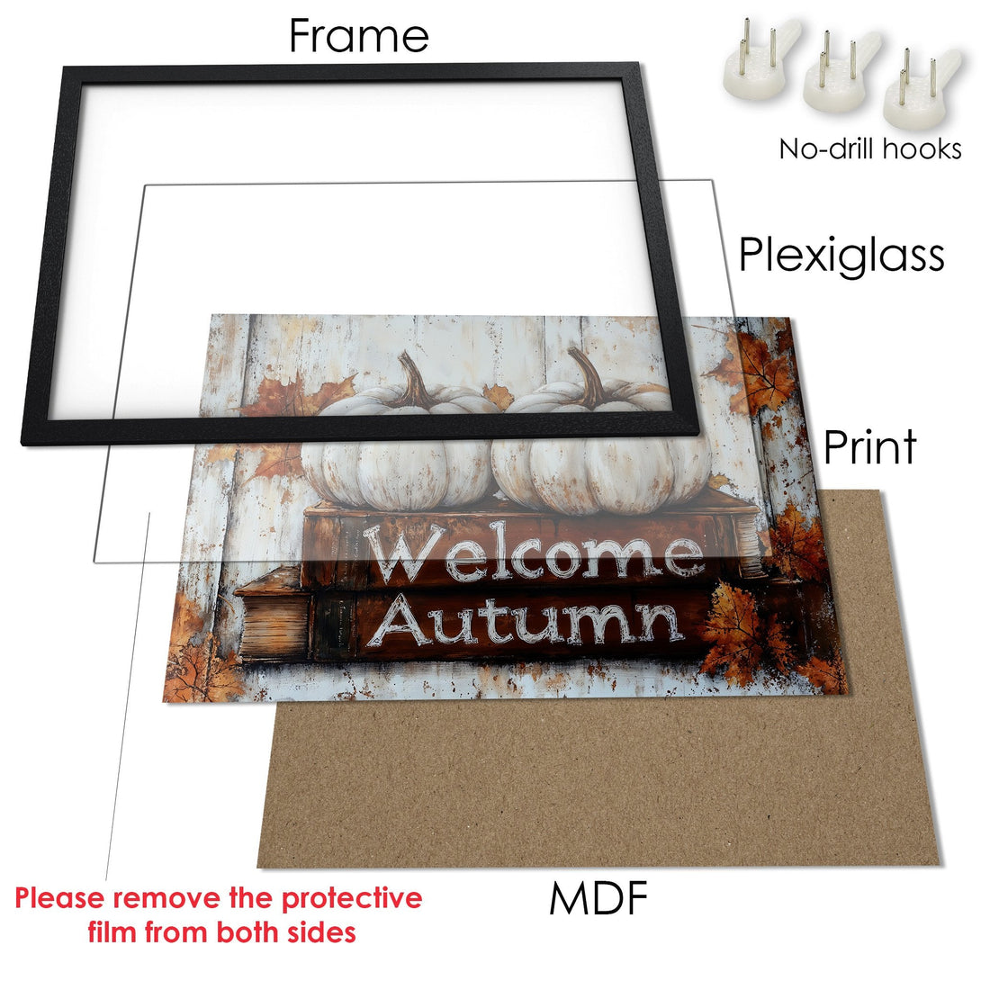 Framed Poster featuring pumpkins & autumn leaves. Rustic style with warm orange & brown tones. Perfect fall decor!