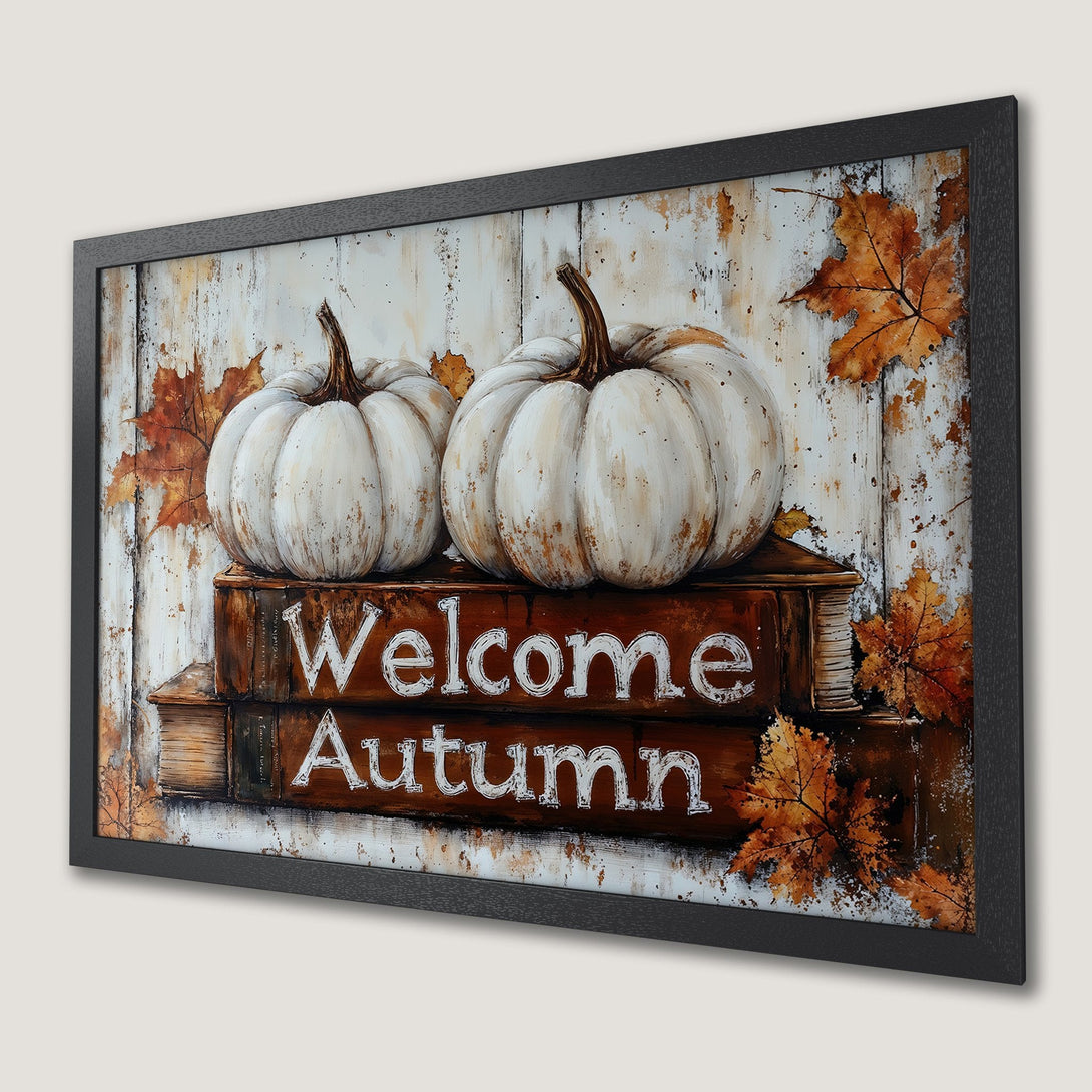 Framed Poster featuring pumpkins & autumn leaves. Rustic style, warm brown & white color palette. Welcome Autumn decor.