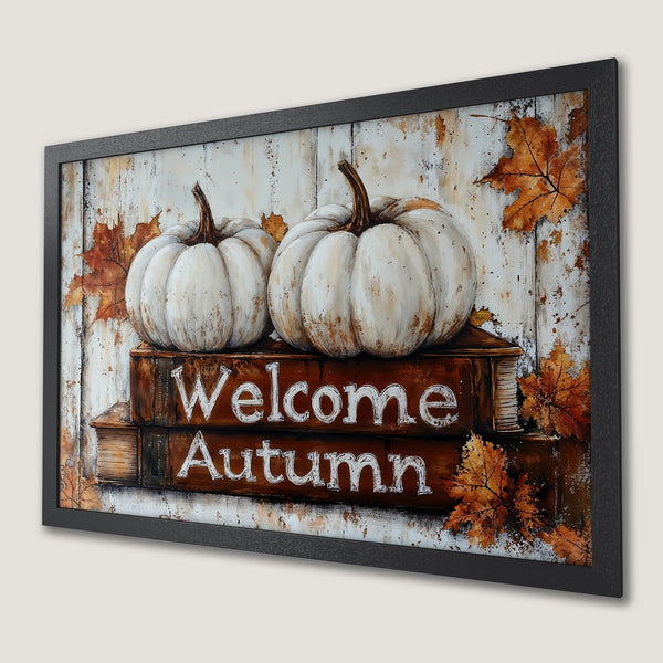 Framed Poster featuring pumpkins & autumn leaves. Rustic style, warm brown & white color palette. Welcome Autumn decor.