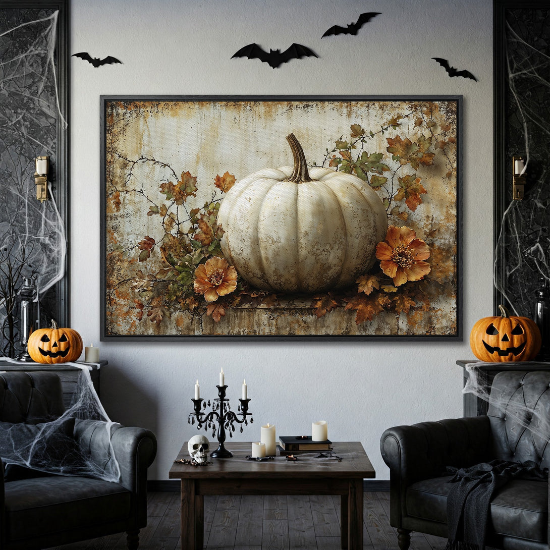 Framed Wall Art: Rustic pumpkin painting in warm autumn colors. Perfect Halloween decor for a cozy, vintage-inspired interior.