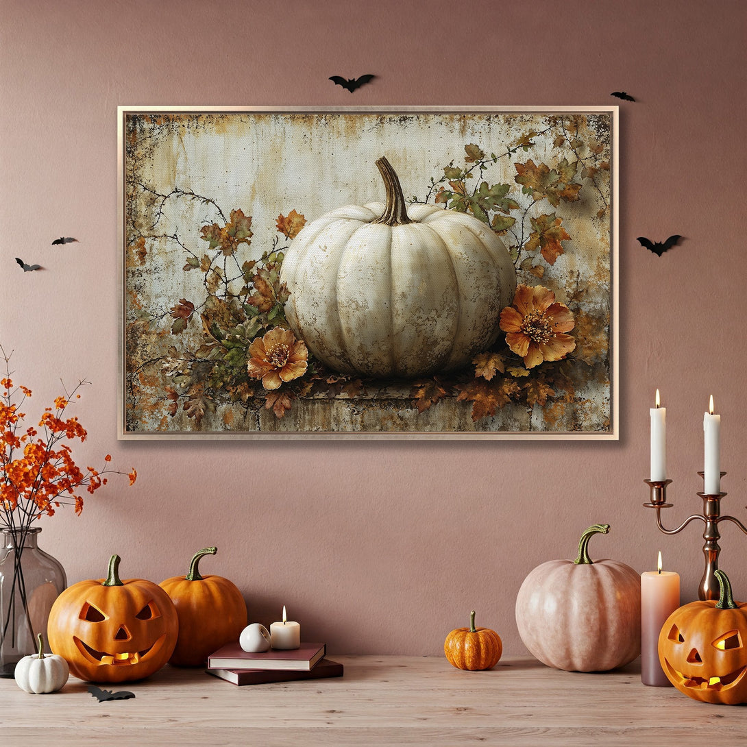 Framed Wall Art featuring a rustic pumpkin still life. Warm autumn color palette with gold frame, perfect for fall decor.