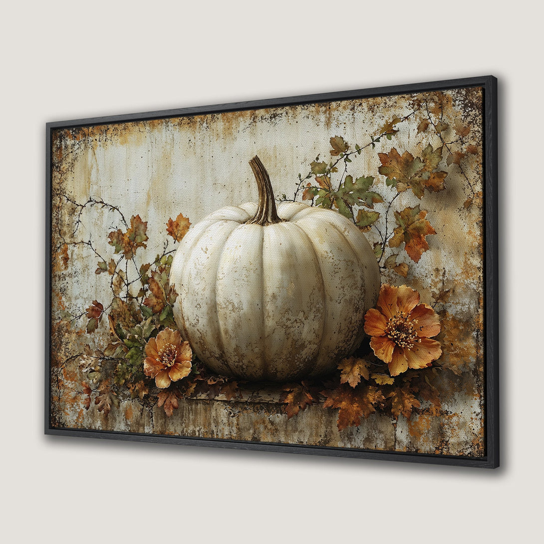 Framed Wall Art featuring a white pumpkin and fall foliage. Rustic style with warm, earthy tones. Perfect autumn decor for your home!