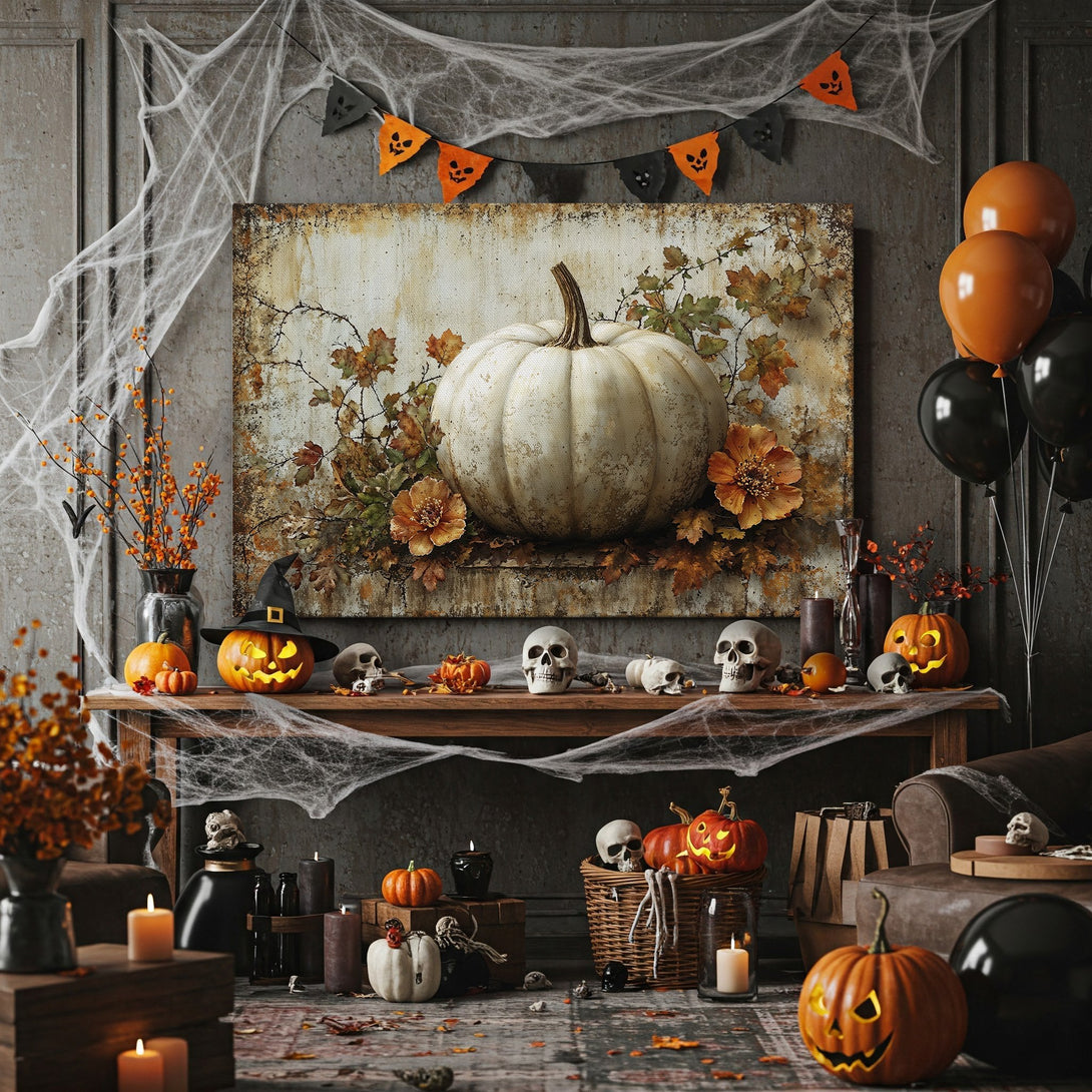 Framed Wall Art: Spooky pumpkin canvas print in warm autumn tones. Perfect Halloween decor. Rustic style, ideal for fall home accents.
