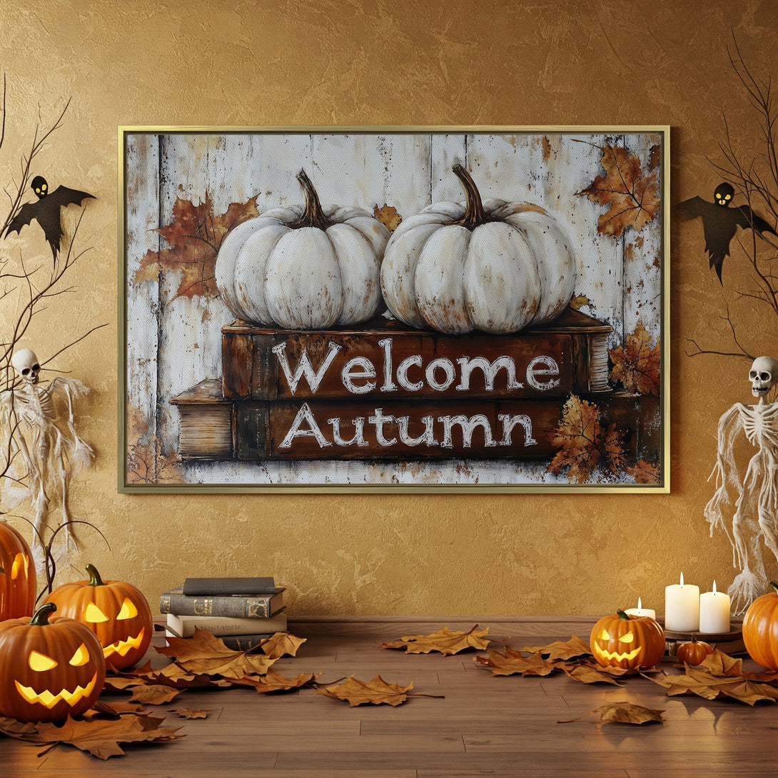 Canvas Print featuring a rustic autumn scene with pumpkins & "Welcome Autumn" text. Warm orange, brown, and white color palette, perfect for Halloween decor.