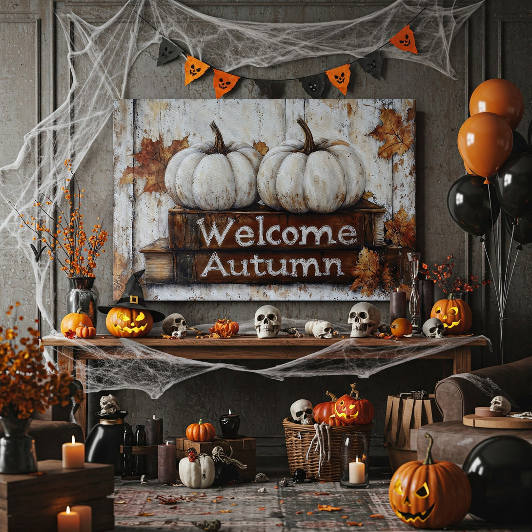 Framed Wall Art: "Welcome Autumn" canvas print with pumpkins, fall leaves, and warm, rustic tones. Perfect for Halloween decor!