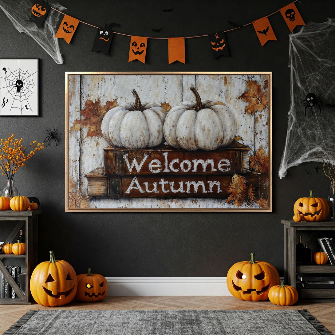 Framed Wall Art: "Welcome Autumn" pumpkin painting in a cozy, Halloween-themed interior. Warm orange, brown, and white color palette. Perfect fall decor!