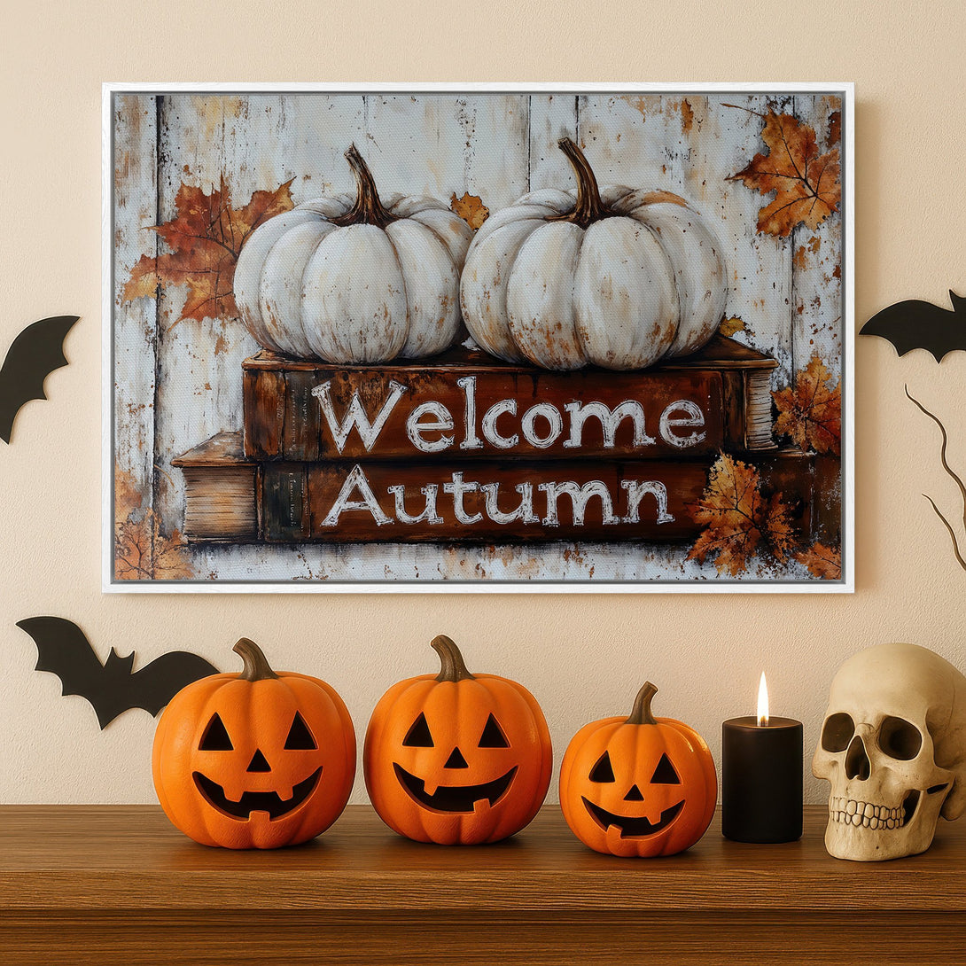 Framed Wall Art: "Welcome Autumn" canvas print with white pumpkins, rustic style, warm fall colors. Perfect for Halloween decor!