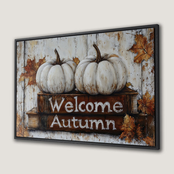 Framed Wall Art: "Welcome Autumn" canvas print featuring pumpkins, leaves, and rustic wood. Warm, neutral tones create a cozy fall aesthetic.