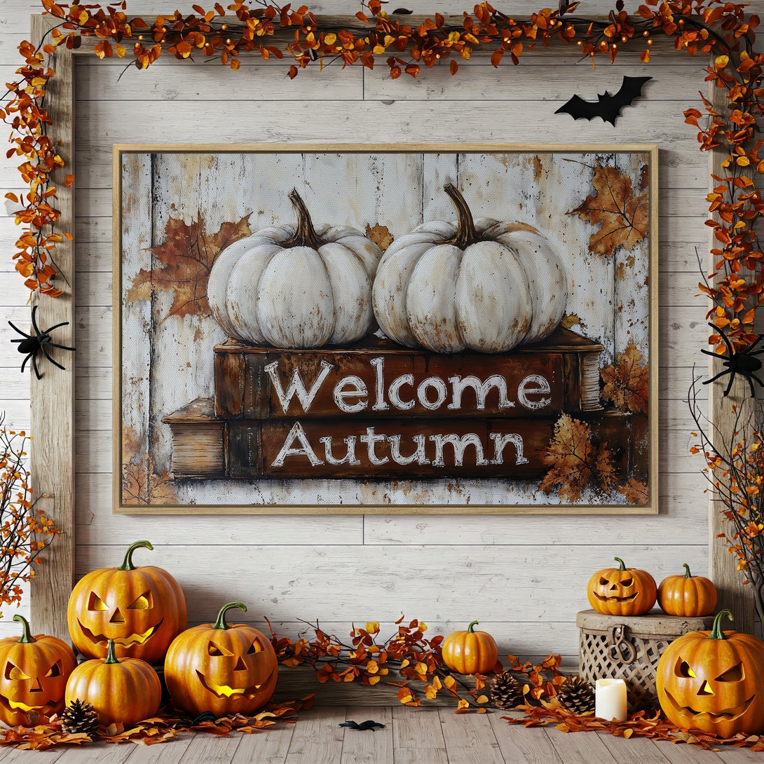 Framed Wall Art: "Welcome Autumn" Canvas Print with pumpkins, fall leaves, and warm orange & brown tones. Perfect for Halloween decor.