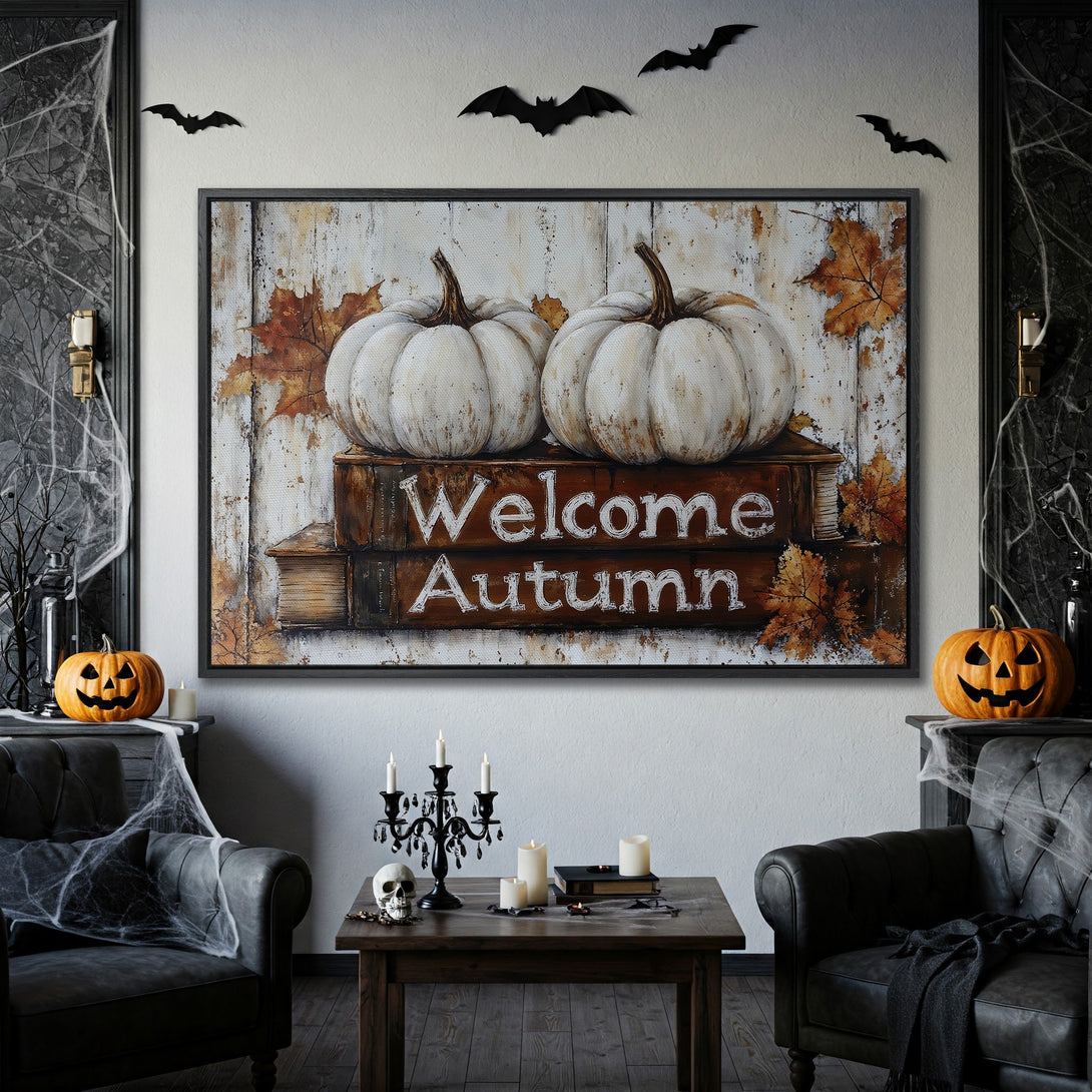 Framed Wall Art: "Welcome Autumn" Canvas Print featuring white pumpkins, fall leaves, and rustic style in warm, autumnal colors. Perfect for Halloween decor!