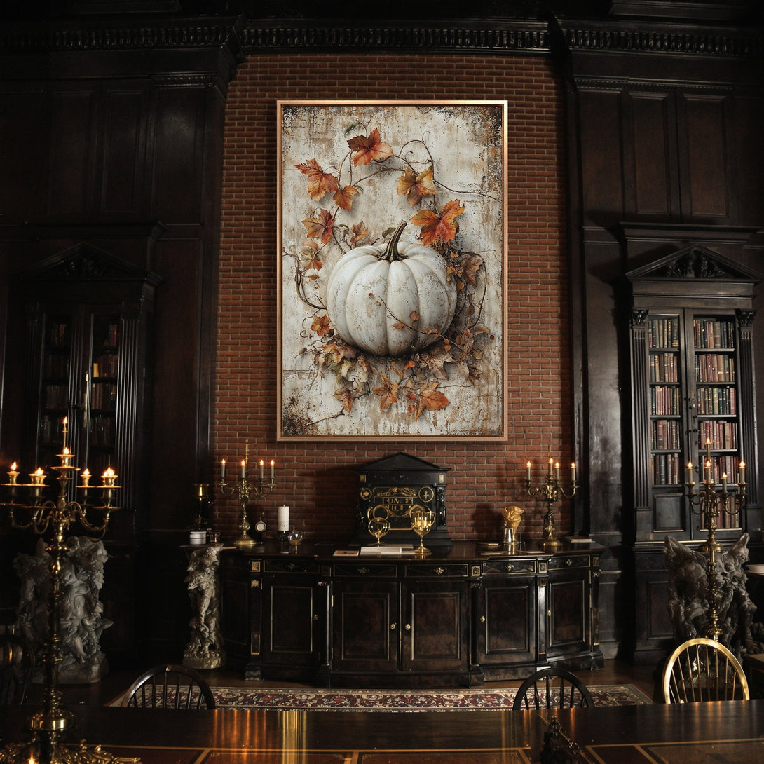 Framed Wall Art: Rustic pumpkin print with fall leaves. Warm, autumnal color palette. Perfect for farmhouse or vintage decor. Enhance your space today!