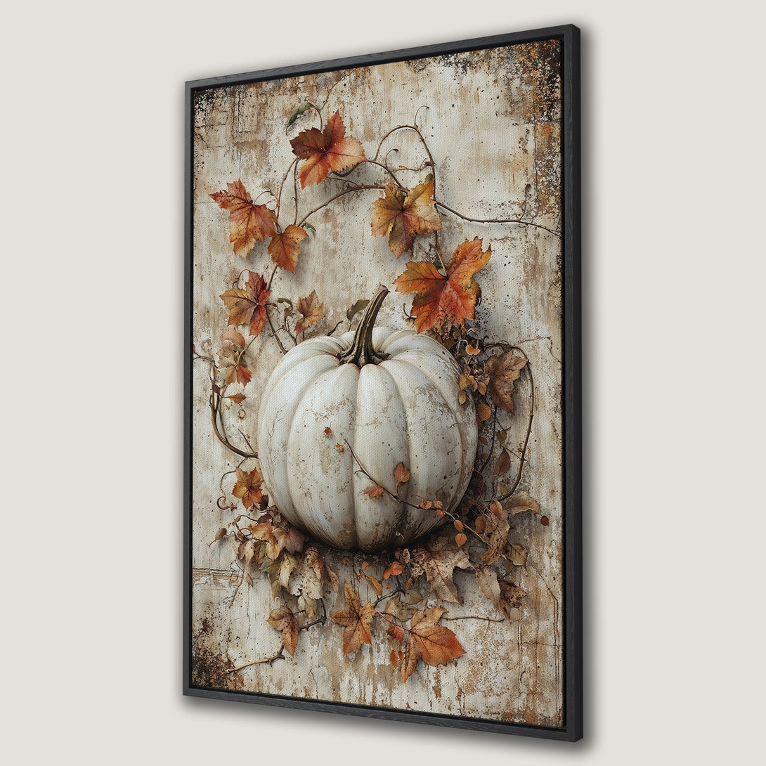 Framed Wall Art: Rustic pumpkin art print with warm autumn colors. Perfect fall decor for your home. Enhance your space with this cozy canvas print.