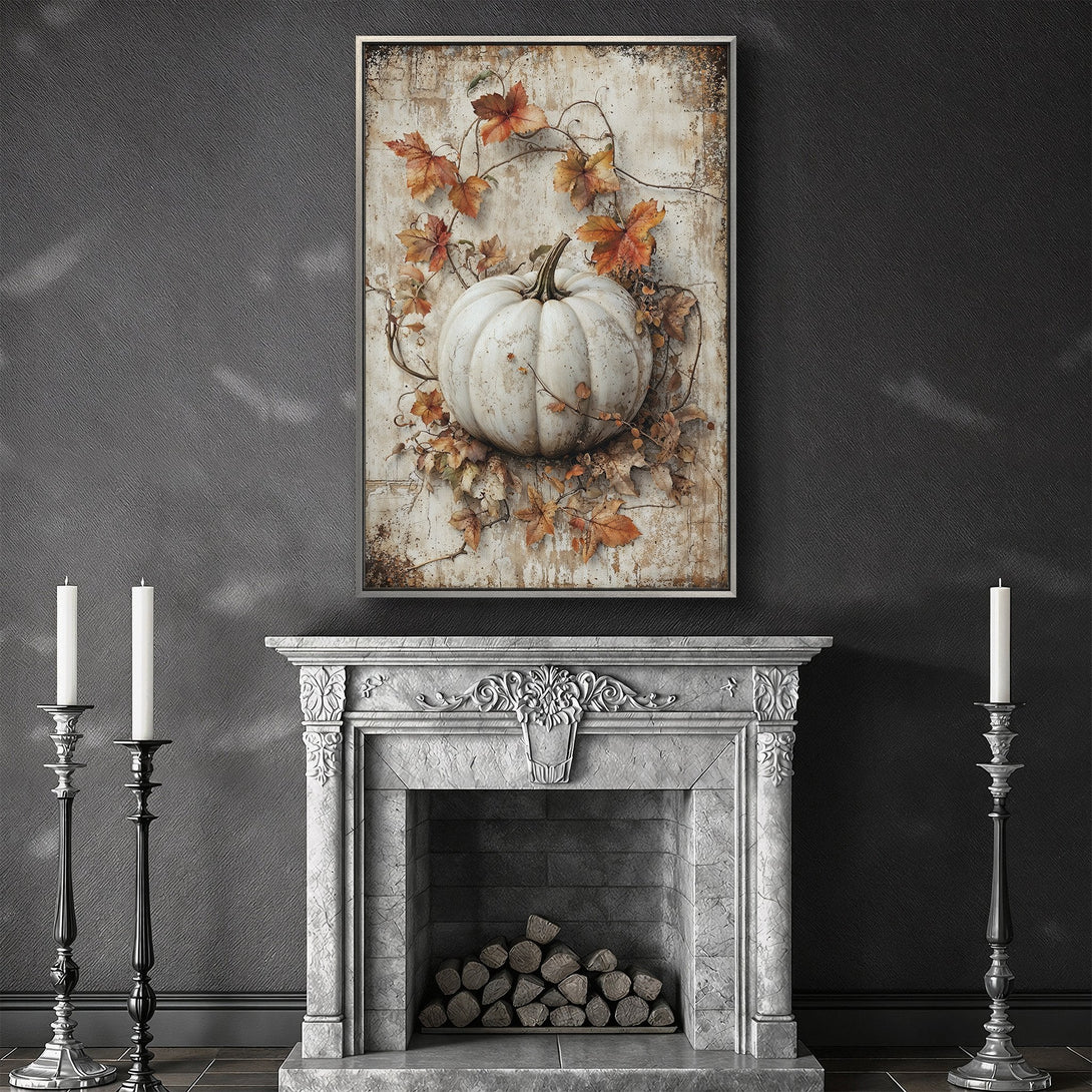 Framed Wall Art featuring a white pumpkin and autumn leaves. Rustic style, warm color palette. Perfect fall decor for your home.