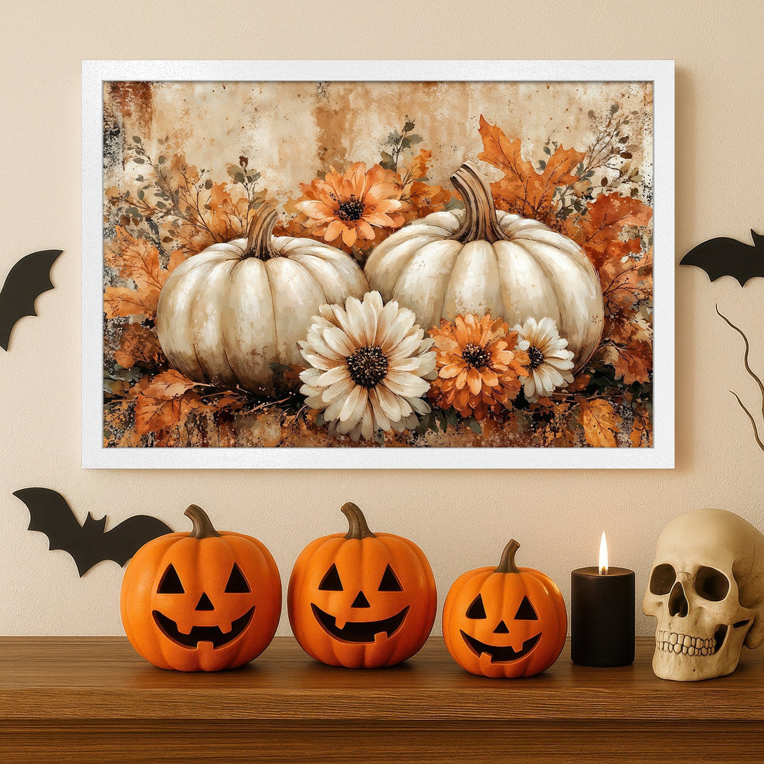 Framed Poster of pumpkins & flowers in watercolor style. Warm autumn colors. Perfect Halloween decor.
