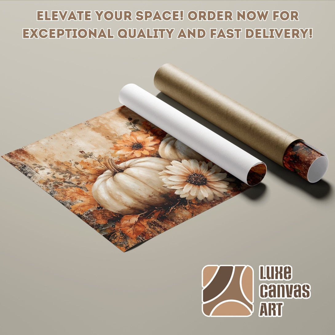 Poster Roll featuring pumpkins and floral art, warm autumn color palette. Elevate your space today!