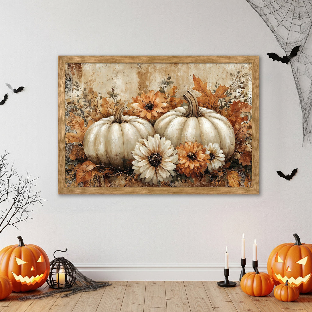 Framed Poster featuring watercolor pumpkins and flowers in a warm, autumnal color palette. Perfect fall decor!