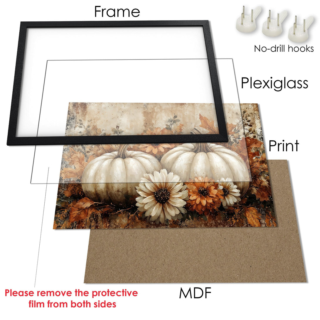 Framed Poster featuring pumpkins and flowers in a rustic style with warm, autumnal colors. Perfect fall decor!