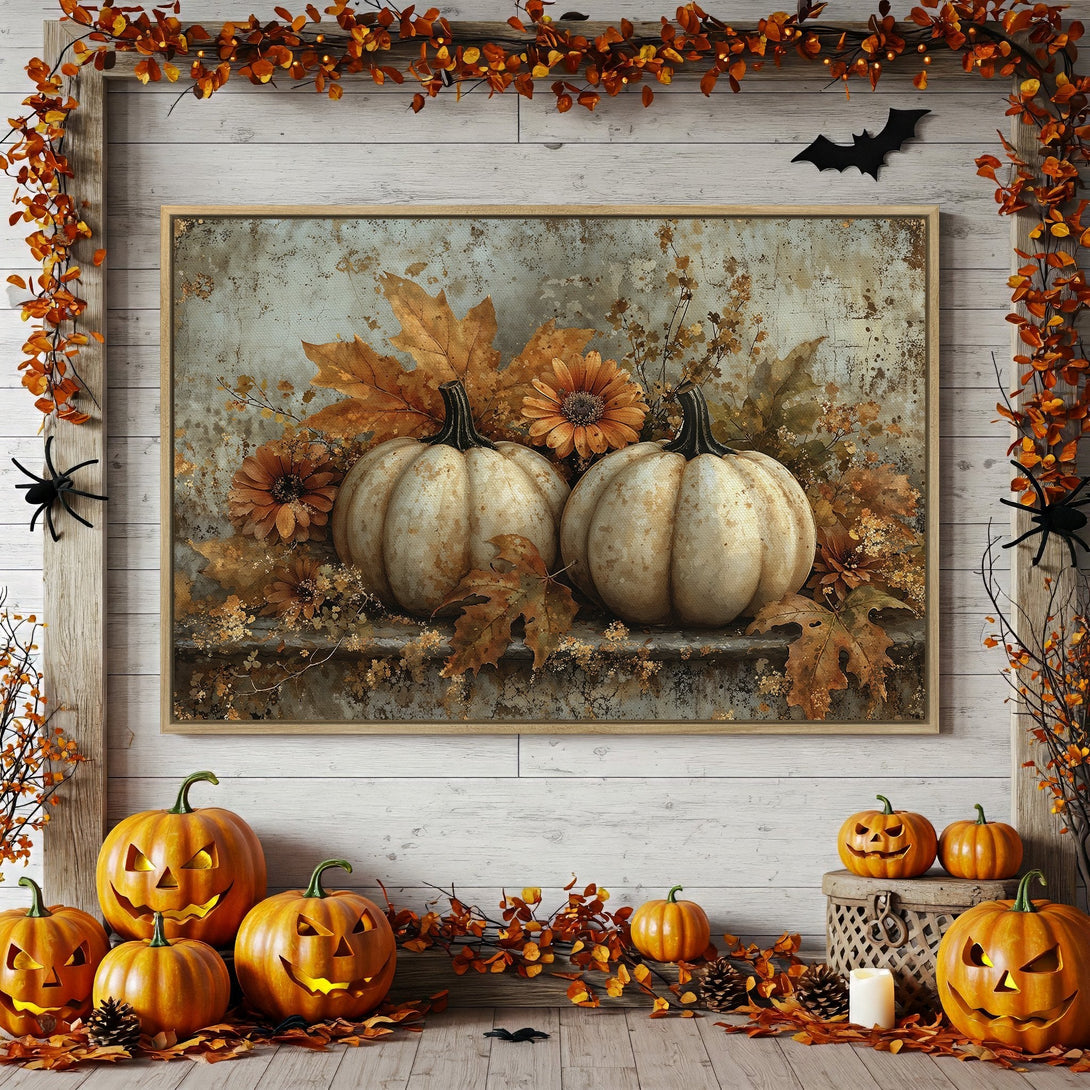 Framed Wall Art: Rustic pumpkins & fall leaves in warm orange & gold tones. Perfect Halloween decor!