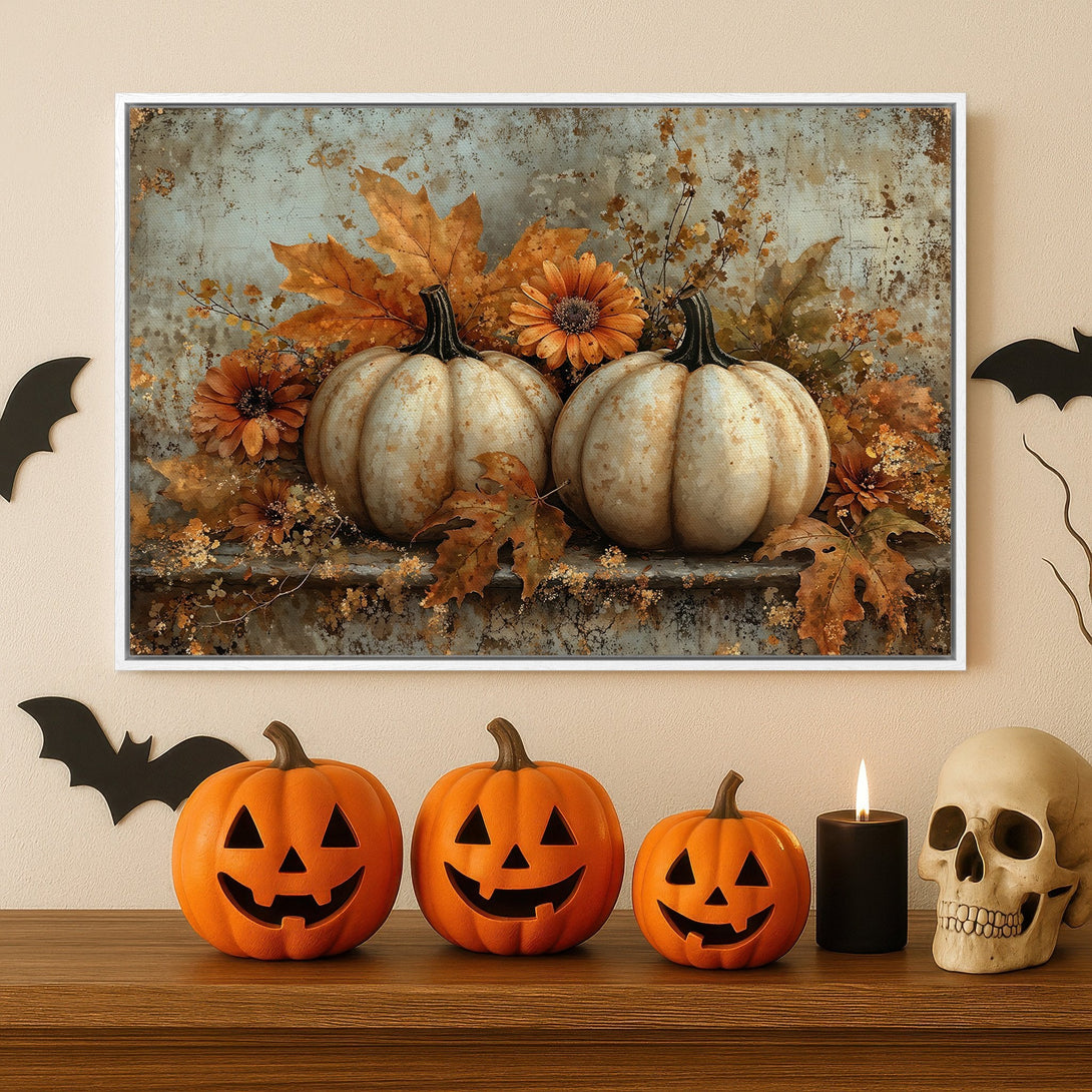 Framed Wall Art featuring autumnal pumpkins and leaves in warm orange and beige tones. Perfect Halloween decor!