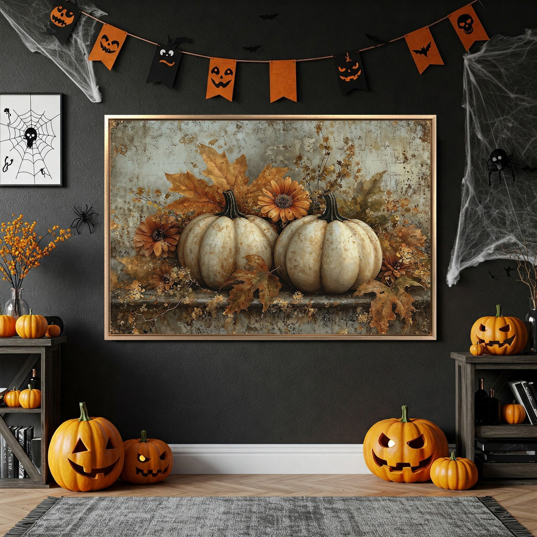 Framed Wall Art featuring pumpkins and fall foliage in warm, earthy tones. Perfect for Halloween decor and adding a touch of autumn to your home.