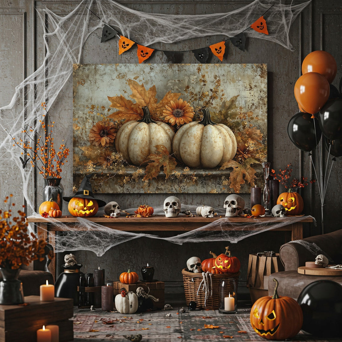 Framed Wall Art featuring pumpkins and fall foliage in warm, earthy tones. Perfect Halloween decor! Rustic style Canvas Print for your home.