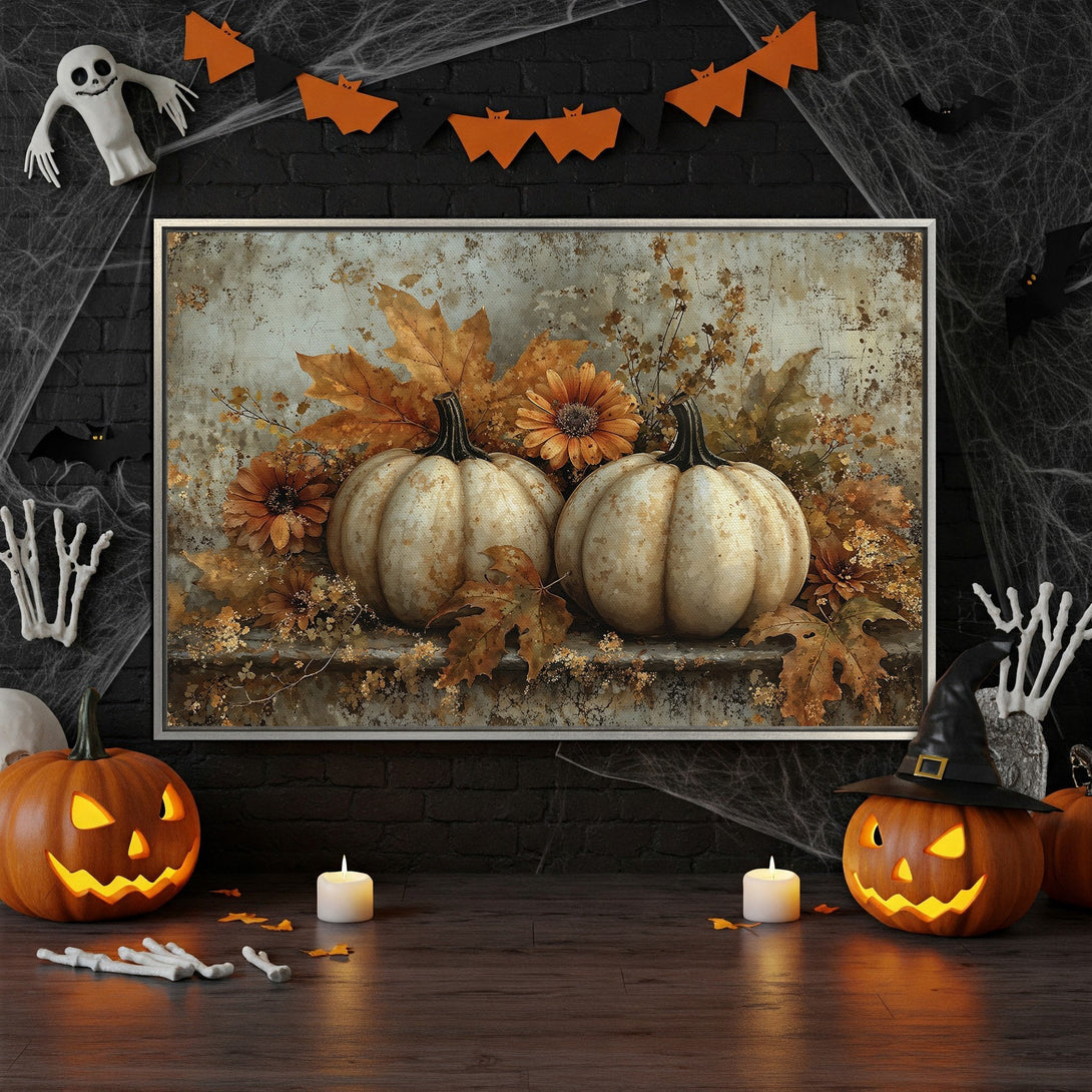 Framed Wall Art: Rustic pumpkins canvas print with warm autumn colors, perfect for Halloween decor. Adds a touch of cozy elegance.