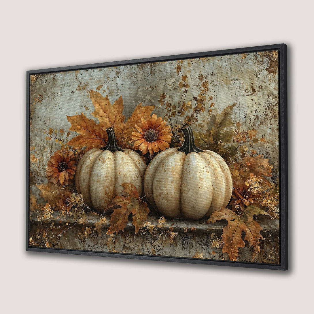 Framed Wall Art featuring pumpkins and autumn leaves. Warm, earthy tones create a cozy, vintage aesthetic. Perfect fall decor for your home.