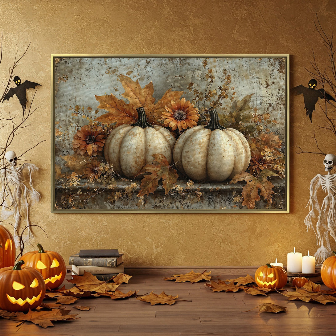 Canvas Print: Halloween-themed artwork with pumpkins, leaves, and flowers in a warm, autumnal color palette. Perfect for spooky season decor.