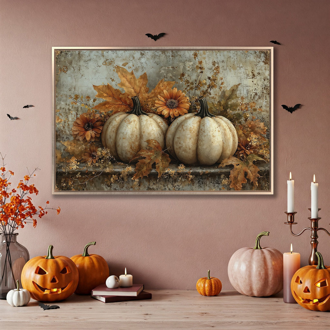Framed Wall Art: Autumn pumpkins & leaves in warm tones. Perfect fall decor for your home! Shop our Canvas Print collection today.