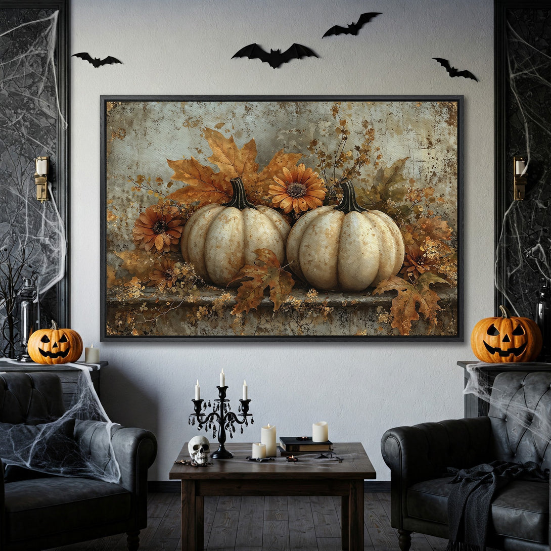 Framed Wall Art: Rustic pumpkins & autumn leaves in warm tones. Perfect fall decor for a cozy, vintage-inspired home. Shop now!