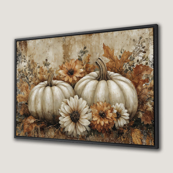 Framed Wall Art featuring watercolor pumpkins and fall florals in warm, earthy tones. Perfect autumn decor for your home!