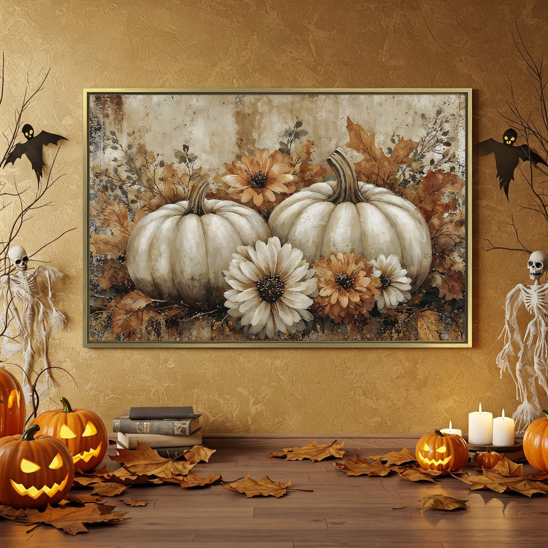 Canvas Print featuring pumpkins and flowers in a warm, autumnal palette. Perfect Halloween decor for a cozy, stylish space.