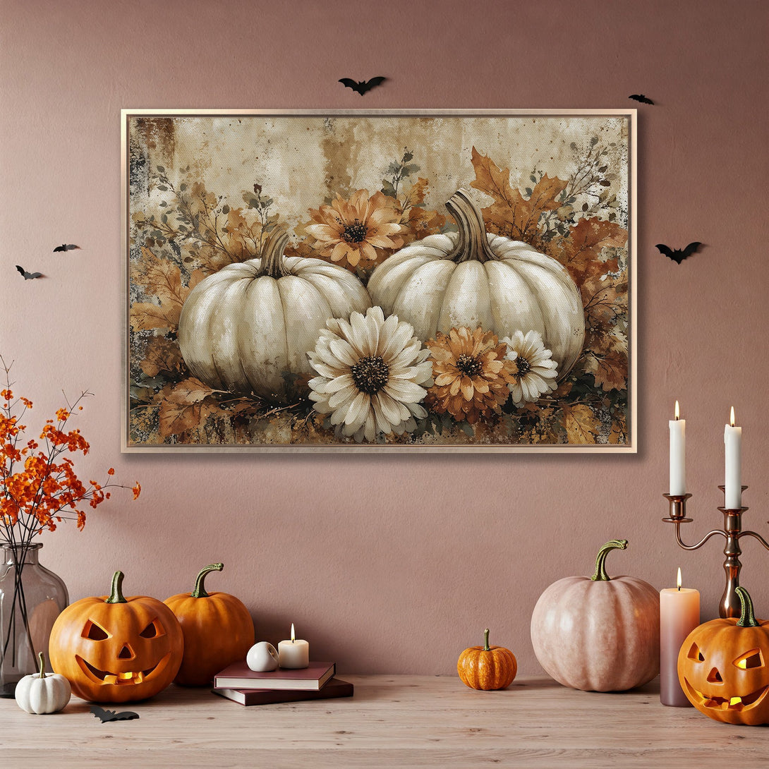 Framed Wall Art: Autumn pumpkins & florals in warm tones. Perfect fall decor for your home. Shop now!