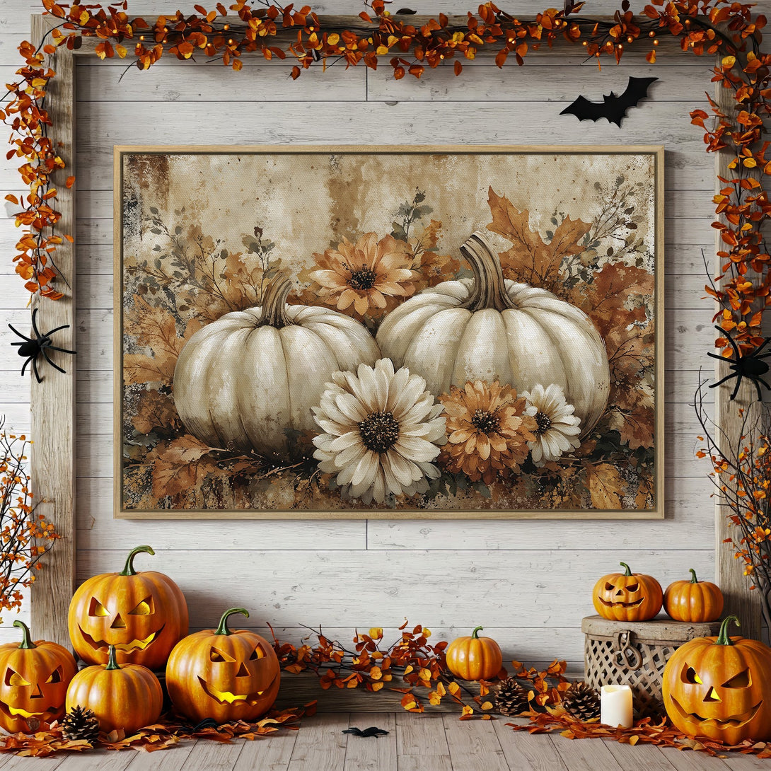 Framed Wall Art: Rustic pumpkin canvas print in warm fall tones. Perfect autumn decor for your home.