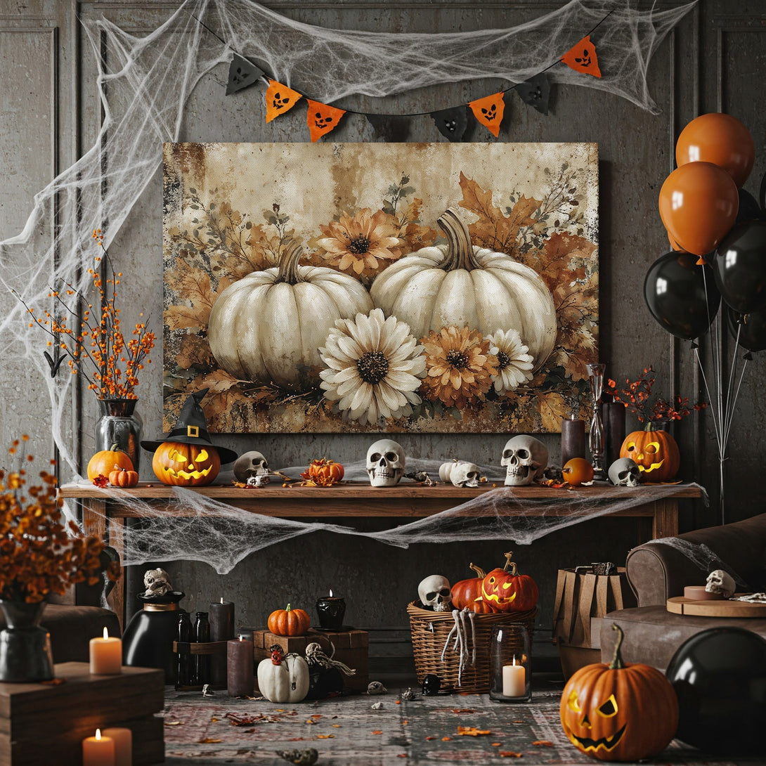 Framed Wall Art: Rustic pumpkins & fall florals in warm, earthy tones. Perfect Halloween decor for a cozy, autumnal vibe. Shop now!