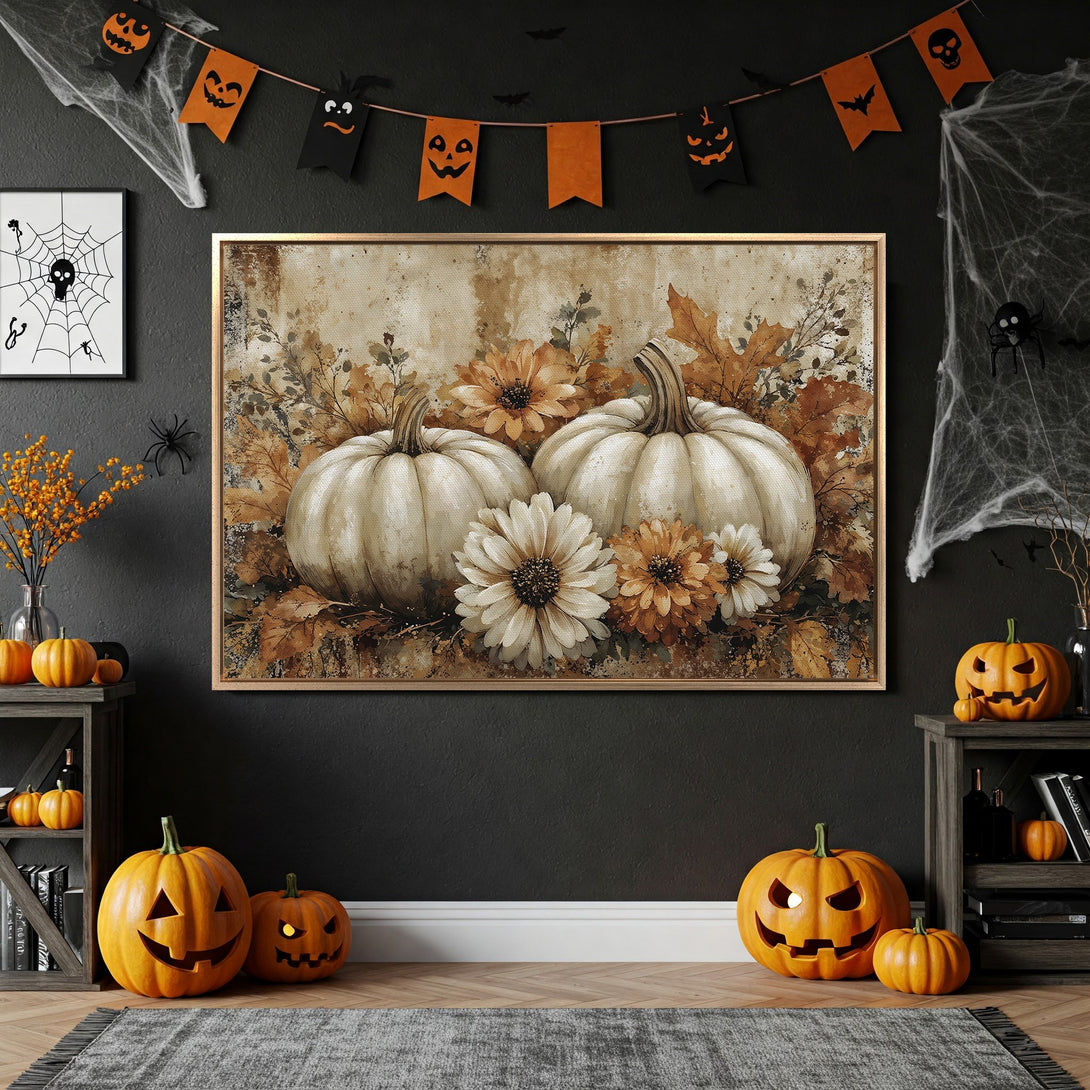 Framed Wall Art featuring watercolor pumpkins and flowers in a warm, autumnal palette. Perfect for Halloween decor and fall home accents.