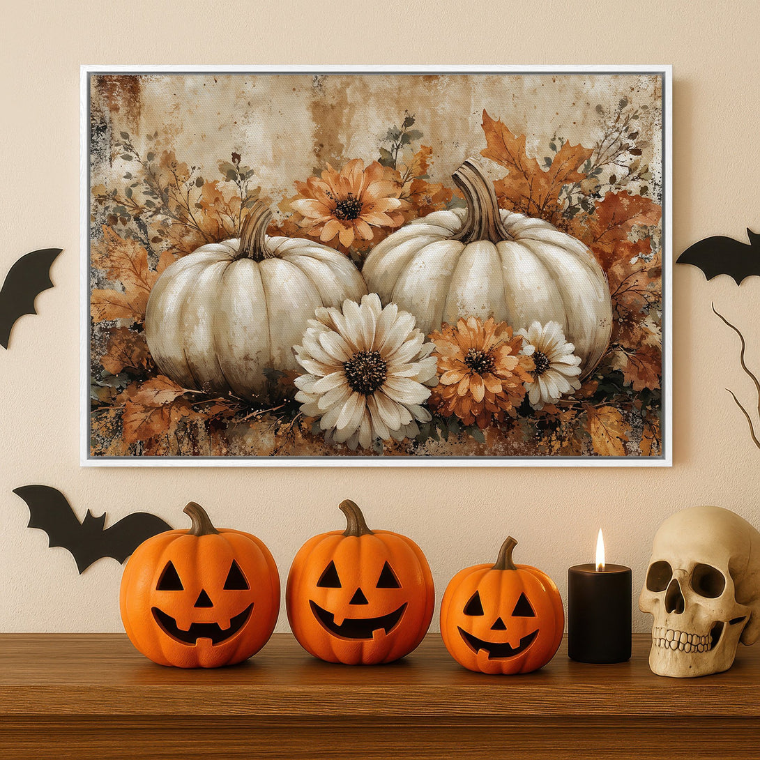Framed Wall Art: Watercolor pumpkins with fall leaves in warm tones. Perfect Halloween decor! Add cozy style to your home.