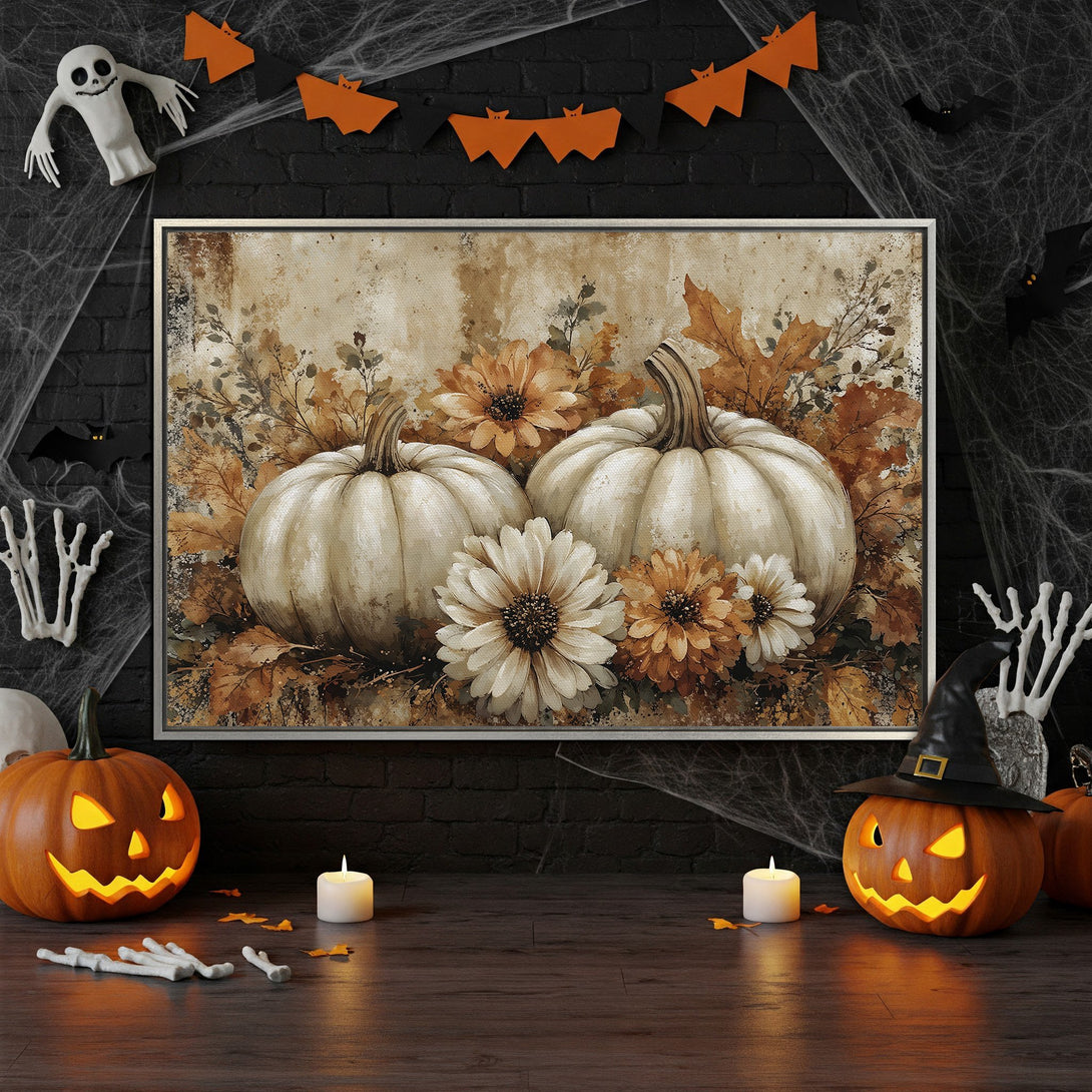 Framed Wall Art: Watercolor pumpkins & fall florals in warm, earthy tones. Perfect Halloween decor! Shop canvas prints & elevate your space.