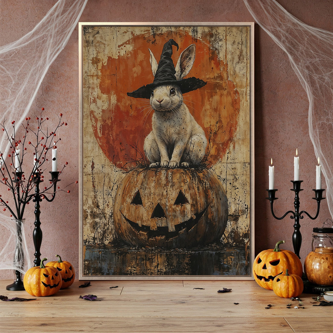 Framed Wall Art: Whimsical Halloween rabbit wearing witch hat on pumpkin. Rustic style, warm orange & brown color palette. Perfect spooky decor!