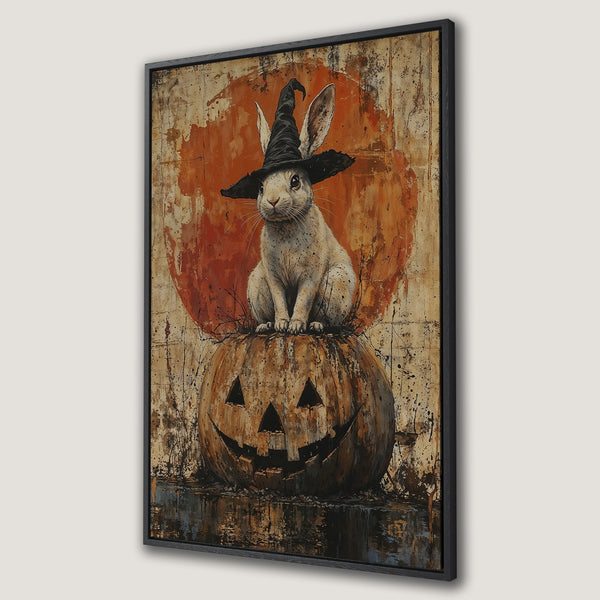 Framed Wall Art: Halloween bunny wearing a witch hat on a pumpkin. Rustic style with orange, brown, and beige color palette. Perfect for spooky decor.