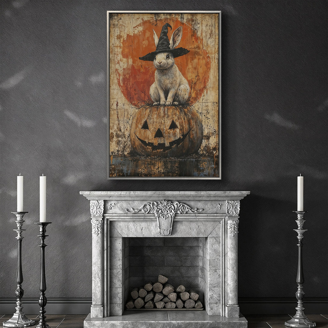 Framed Wall Art: Halloween rabbit in witch hat on pumpkin. Rustic style, warm orange and brown palette. Perfect for spooky home decor!