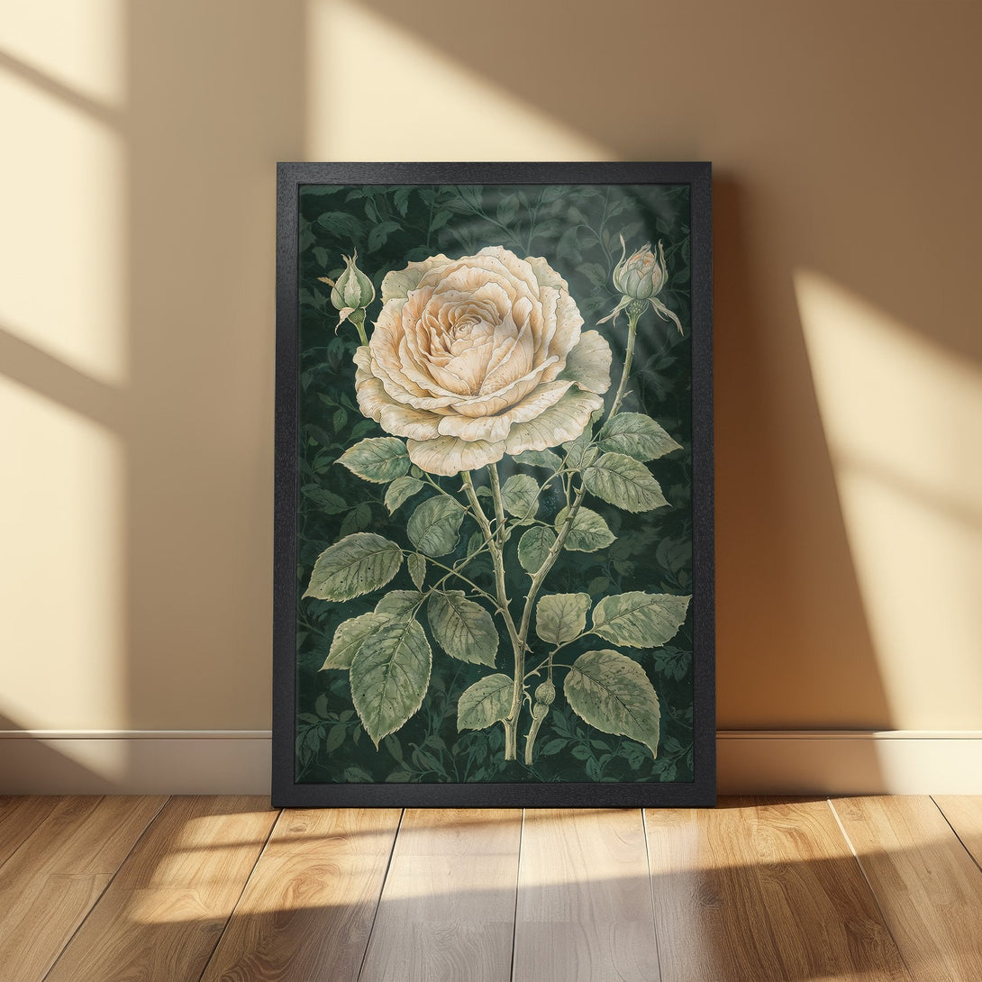 Framed Poster featuring a vintage-style rose illustration in cream and green tones. Perfect floral art for your home!
