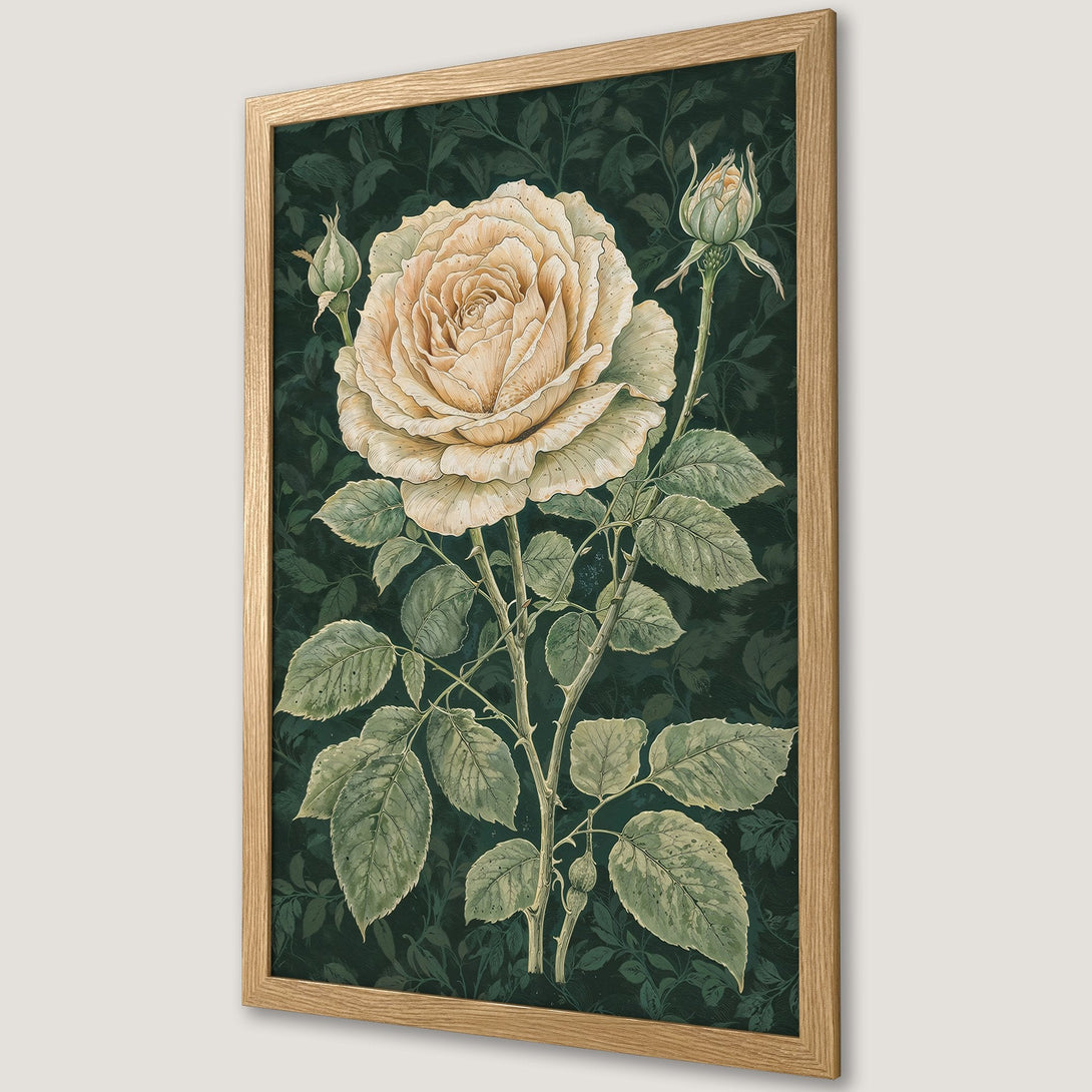 Framed Poster featuring a vintage-style rose illustration in cream and green hues on a dark floral background. Perfect wall art!