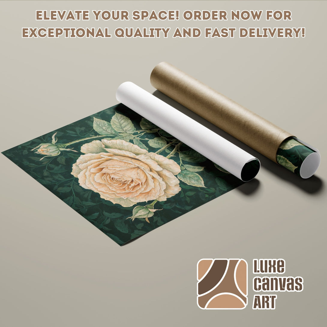 Poster Roll featuring a vintage floral design in a muted green and beige color palette. Elevate your space with Luxe Canvas Art!
