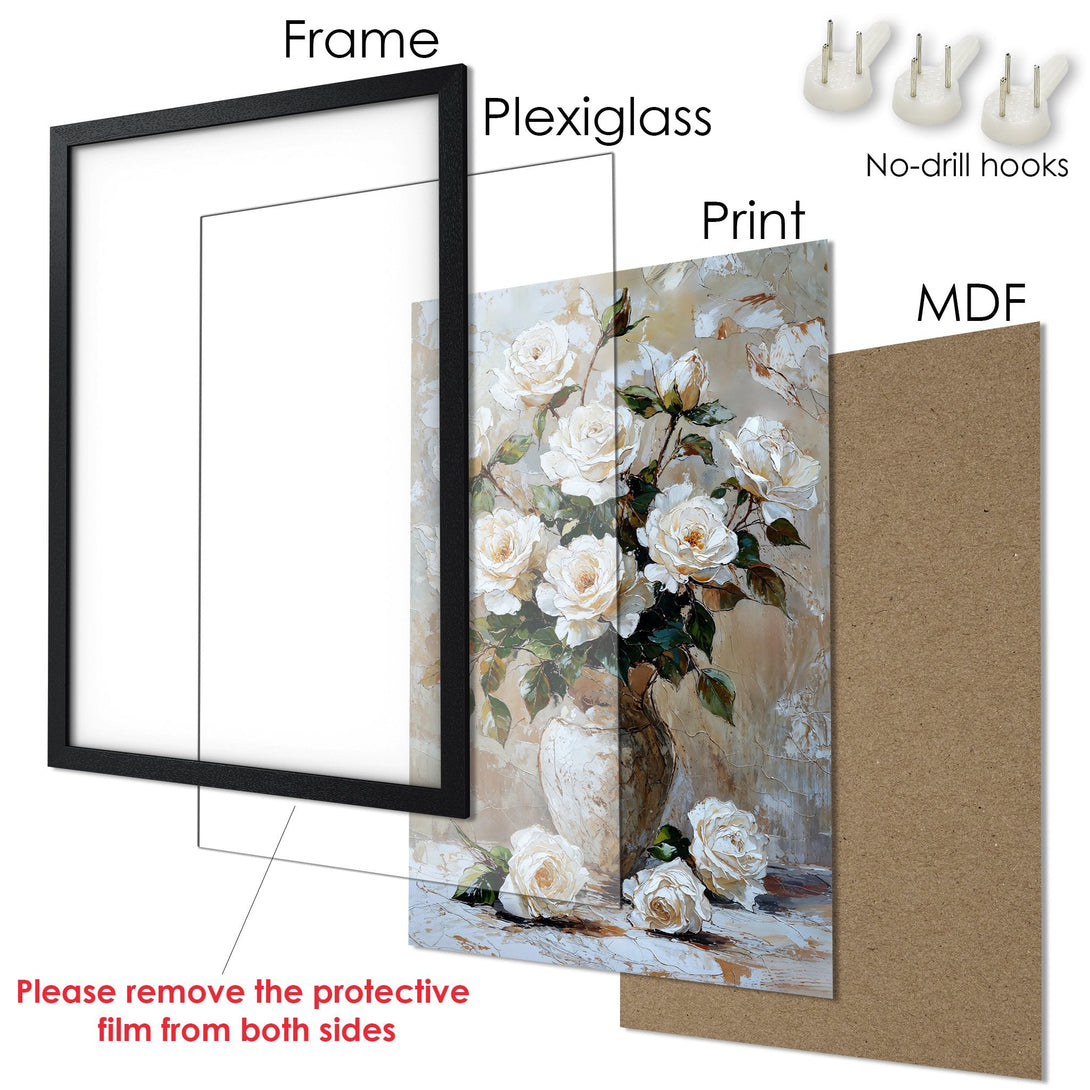 Framed Poster featuring white roses in a vase, painted in a warm, neutral color palette. Perfect wall art!