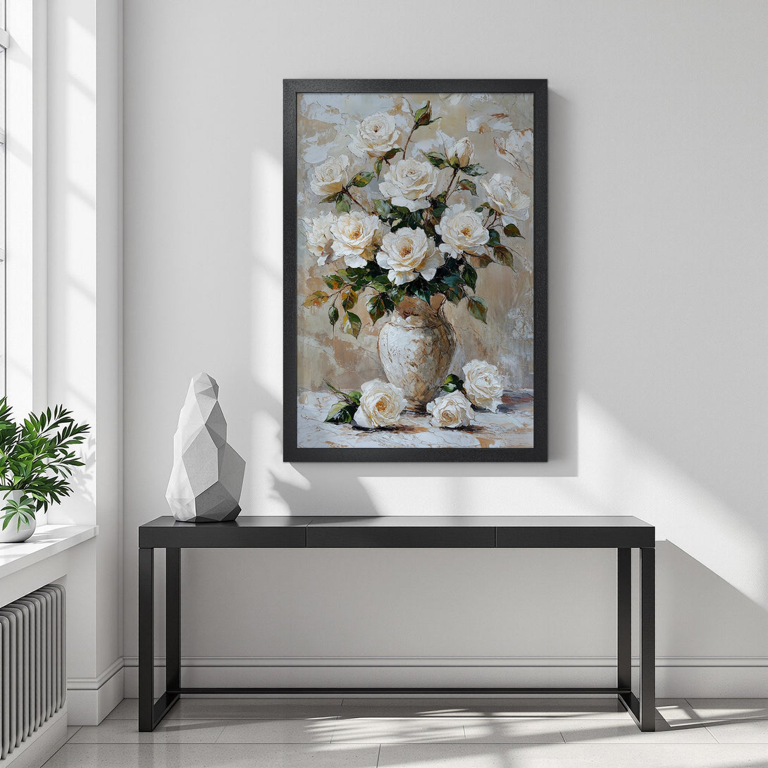 Framed Poster featuring a floral still life with white roses. Artistic style, neutral color palette. Perfect wall art for any room.